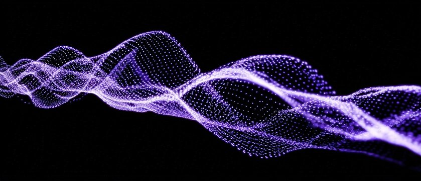 Abstract digital wave form of glowing purple particles and lines flowing in smooth swirling motion on black background