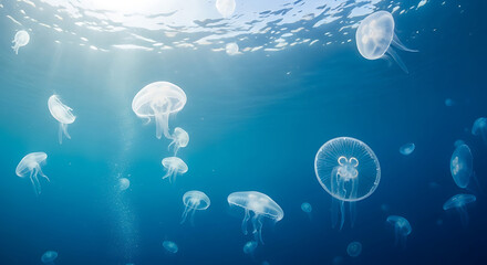 Floating white transparent jellyfish swim deep in the blue marine aquarium © nikon