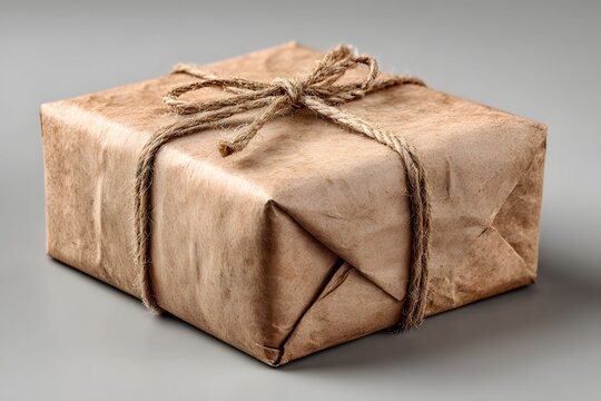Parcel wrapped in rustic brown paper with sturdy string perfect for e-commerce shipping visuals