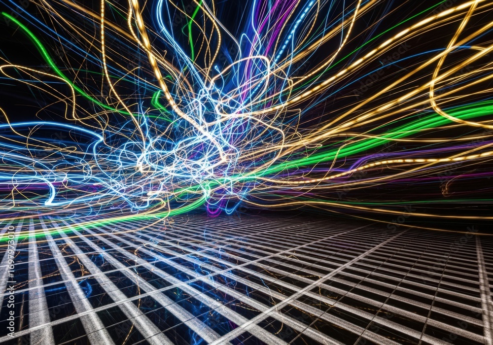 Poster dynamic colorful light trails creating futuristic scene
