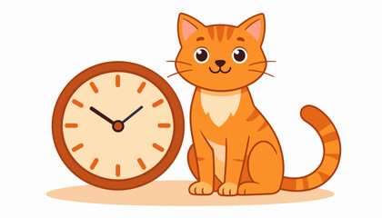 Obraz premium Sitting orange cat with clock illustration