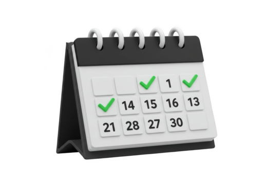 Three dimensional realistic desk calendar showing marked dates isolated on transparent background
