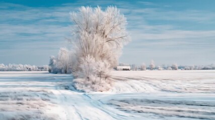A serene winter landscape showcases frosted trees lining a snowy field under a vibrant blue sky. - Powered by Adobe