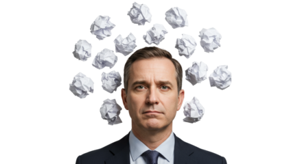 Businessman with crumpled paper brainstorming, searching for solution, problem and trying again isolated on white background