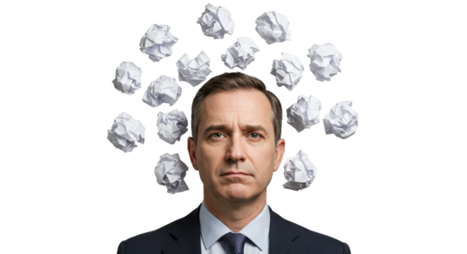 Businessman with crumpled paper brainstorming, searching for solution, problem and trying again isolated on white background