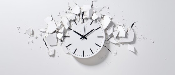 The clock breaking through a white wall with shattered plaster and shadow