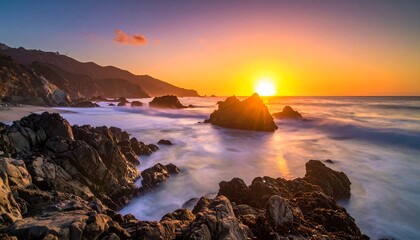 Dramatic sunset over a rocky coastline