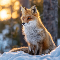 Fototapeta premium Beautiful red fox resting in snowy forest sunlight