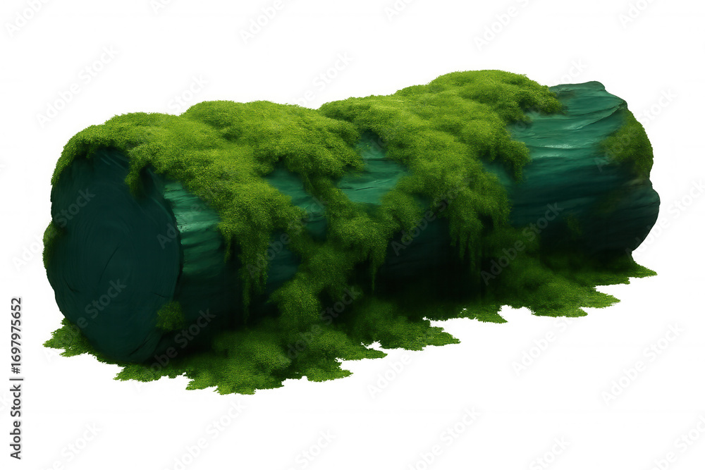Poster moss covers fallen log isolated on transparent background, ideal for compositing into nature, fantas