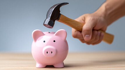 breaking the piggy bank with a hammer
