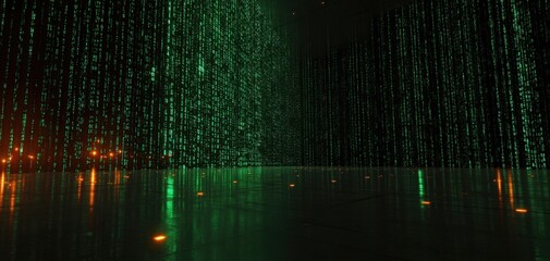 The Digital Rain of Green Code Reflections Across a Futuristic Reflective Floor
