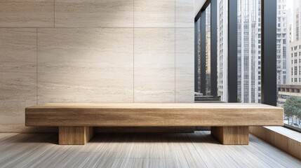 Minimalist modern interior space with large overlooking cityscape, clean wooden bench, neutral tones, and natural light