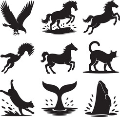 Black silhouettes of eagle, horses, cats, and whale tail animal