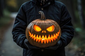 Person Holding Carved Halloween Pumpkin with Glowing Eyes and Sharp Teeth