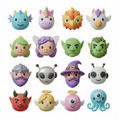 Fototapeta premium Collection of 16 Unique Fantasy Creature and Character 3D Iconography