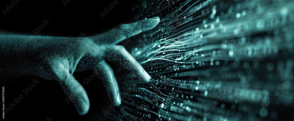 Poster the hand interacting with glowing digital data stream and futuristic network interface