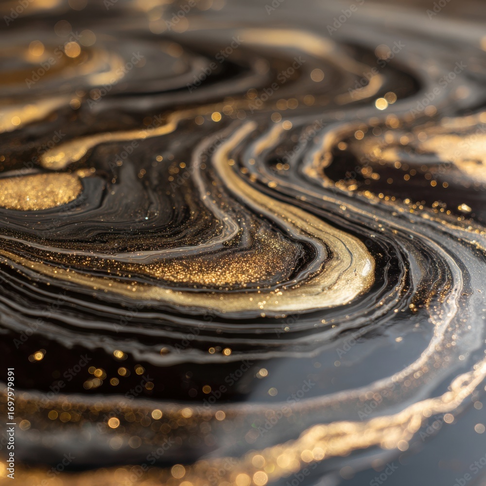 Poster abstract black and gold liquid marble surface with shimmering textures and sparkling details in eleg