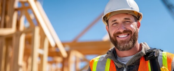 The construction worker smiling confidently on a sunny timber frame building site