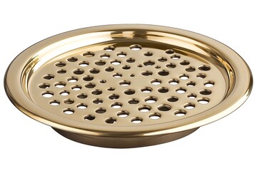 Golden circular drain cover with holes, against a bright white backdrop