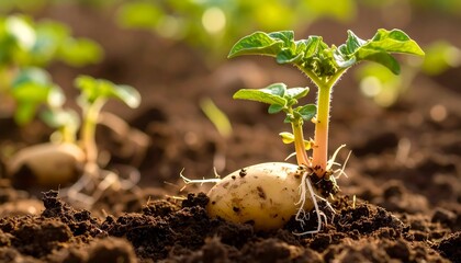 Potato sprouts emerging from soil