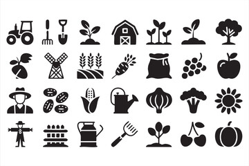 Farming and agriculture silhouette icons set with tractor and crops