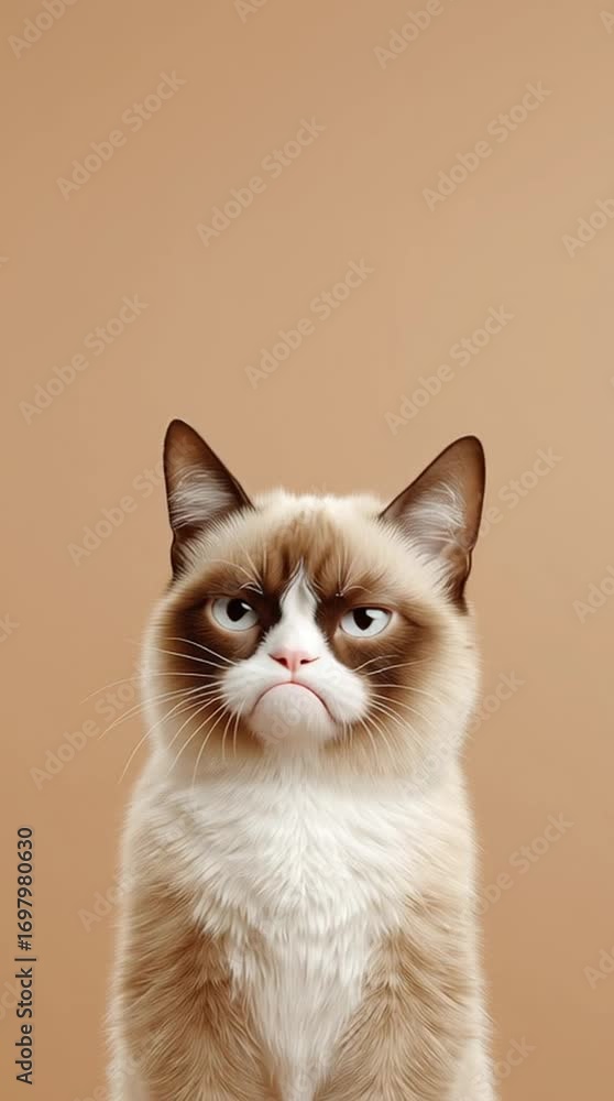 Poster grumpy cat's portrait: capturing the iconic frown of a grumpy cat, set against a minimalist backdrop