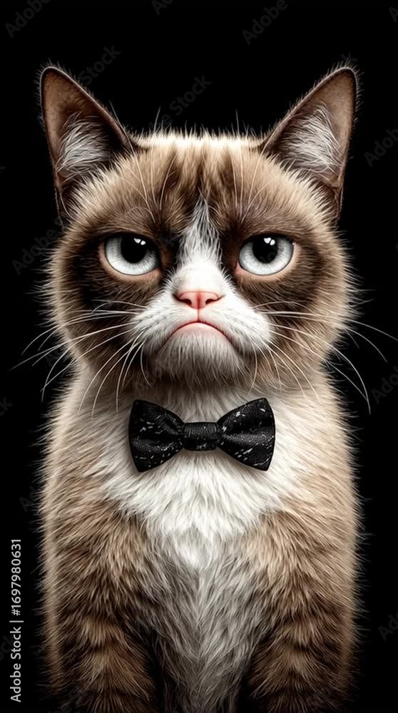 Poster grumpy cat in bowtie: a close-up portrait of a grumpy cat, sporting a sophisticated bowtie, staring 