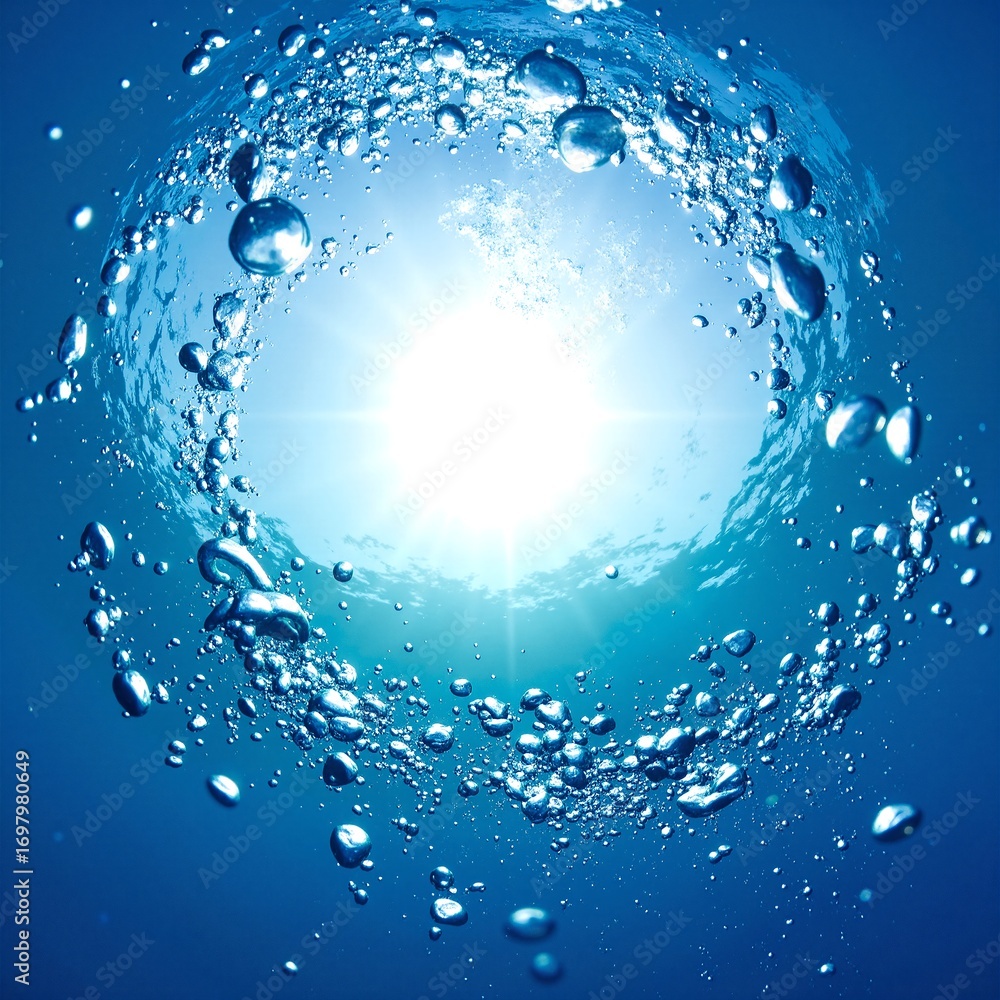 Poster a vibrant circle of shimmering water bubbles, each reflecting light, creating a mesmerizing pattern 