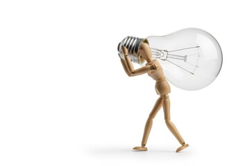 Wooden Mannequin Carrying Heavy Light Bulb Idea