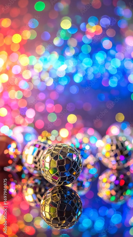 Poster a vibrant close-up of colorful lights twinkling and reflecting off a smooth surface, creating a mesm
