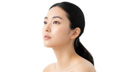 Young woman with clear skin looking up isolated on transparent background