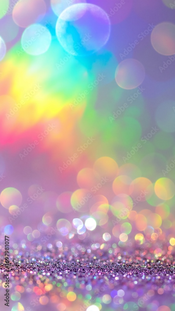 Poster a vibrant close-up of colorful glitter scattered across a textured surface, reflecting light and cre