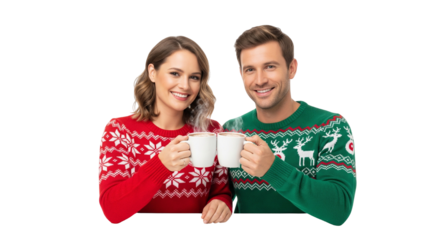 Festive Couple Toasting with Holiday Sweaters
