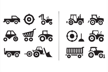 Tractor, truck, cart and excavator icons for agriculture and logistics design