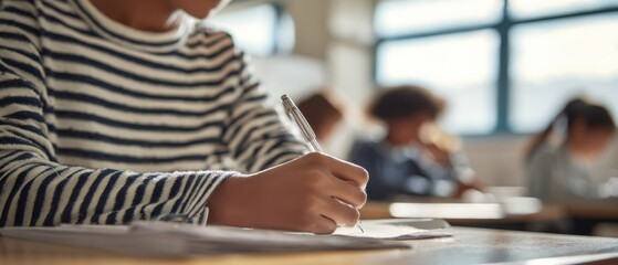 The student writing at a desk during a focused classroom exam or lesson