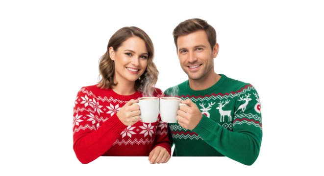 Festive Couple Toasting with Holiday Sweaters
 - Powered by Adobe