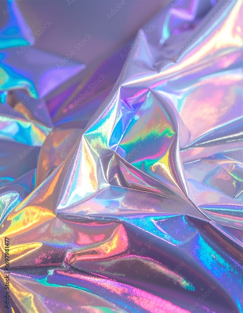 Poster a close-up shot of holographic iridescent foil, showcasing vibrant colors and intricate patterns tha