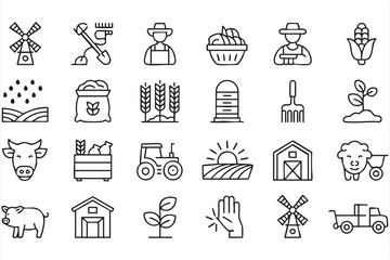Modern thin line farm icons collection including tractor, barn and animals