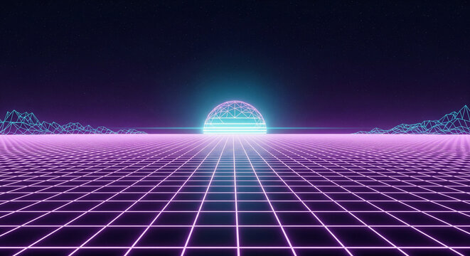 A classic retro-futuristic landscape with a glowing neon grid stretching toward a digital sunset
