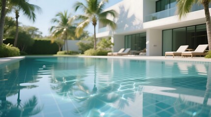 Fototapeta premium Tropical Oasis Pristine Swimming Pool Reflecting Palm Trees and Modern House