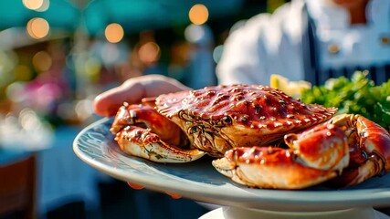 A chef in uniform presents a cooked king crab on a plate, garnished with lemon and greens