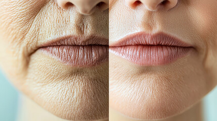 Close-up shows major improvements in facial skin texture after anti-aging treatments, highlighting rejuvenation