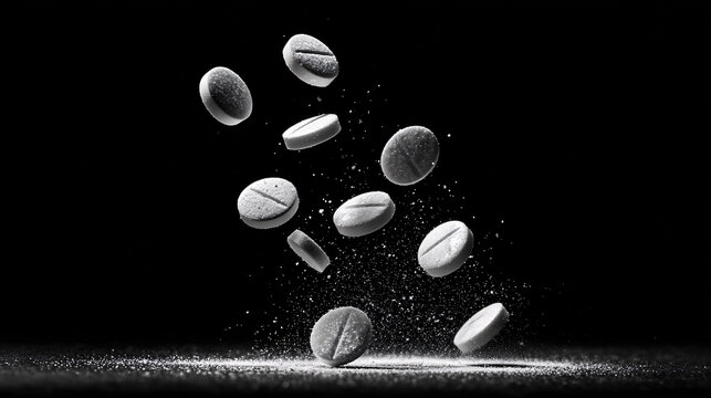 white round pills like paracetamol flying through the air towards the viewer on a black background. 
