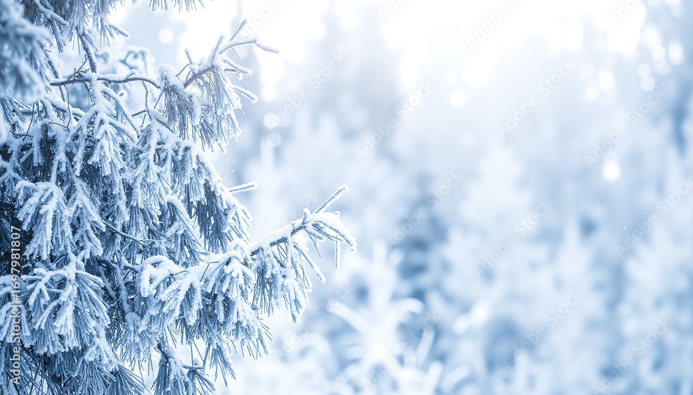 Poster a close-up view of delicate branches blanketed in fresh, white snow, showcasing intricate patterns a