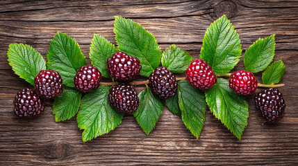 A cluster of ripe blackberries is arranged on a rustic wooden surface, accented by lush green foliage nearby