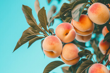 Juicy peaches dangle from a green tree branch, illuminated by warm sunlight under a clear blue sky during summer