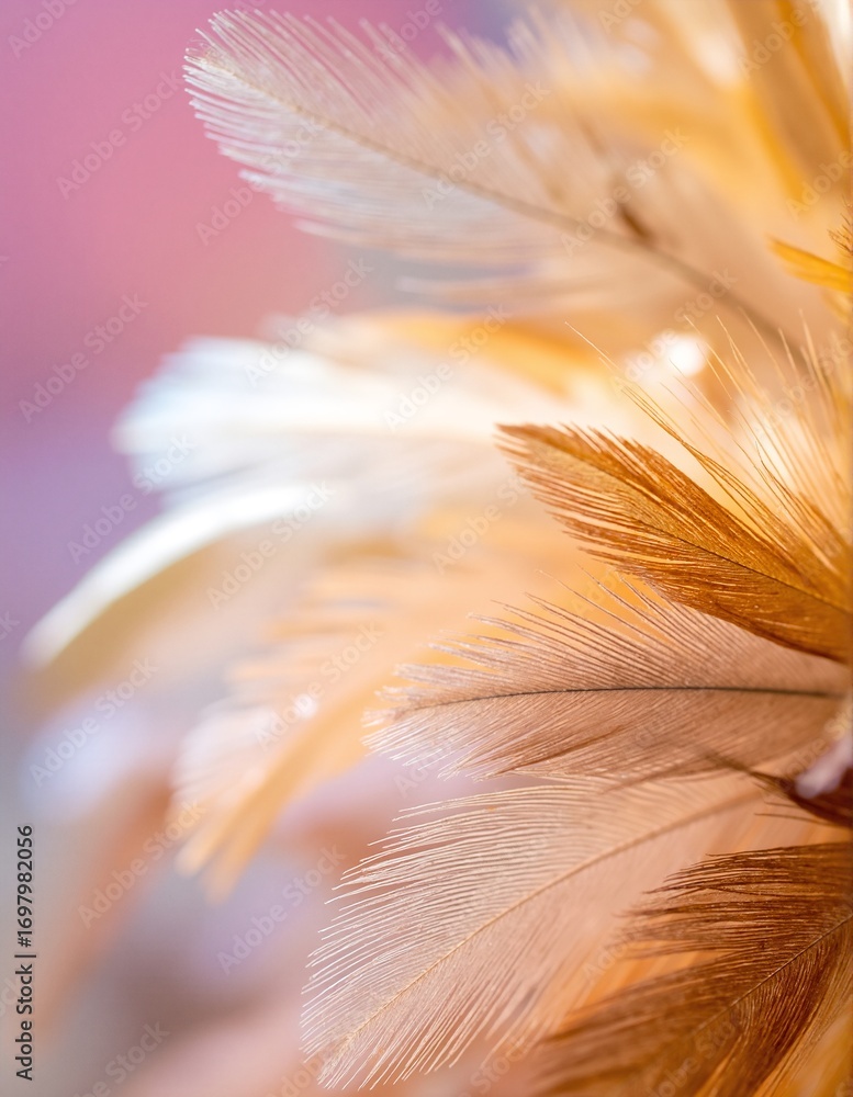 Poster a close-up view of delicate feathers layered atop one another, showcasing intricate textures, soft c