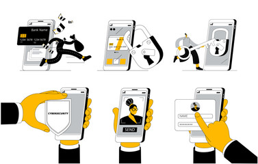A set of simple vector illustrations on the topic of modern cybersecurity on the Internet when using a smartphone. Simple cartoon style. Vector illustration.