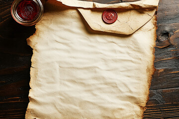 mock up frame with  vintage envelope alongside a blank aged parchment sheet sits on a rustic wooden table, ready for correspondence