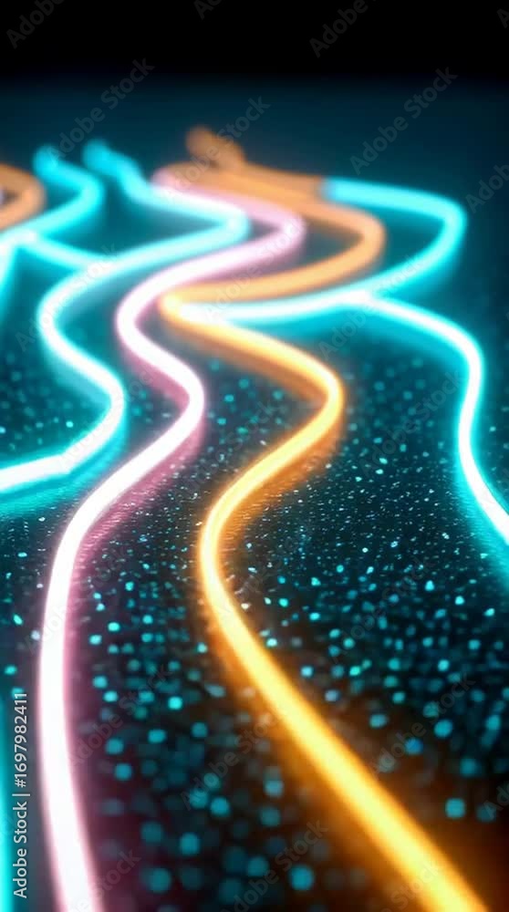Poster abstract neon pathways: dynamic streaks of vibrant neon light elegantly curve across a dark expanse.
